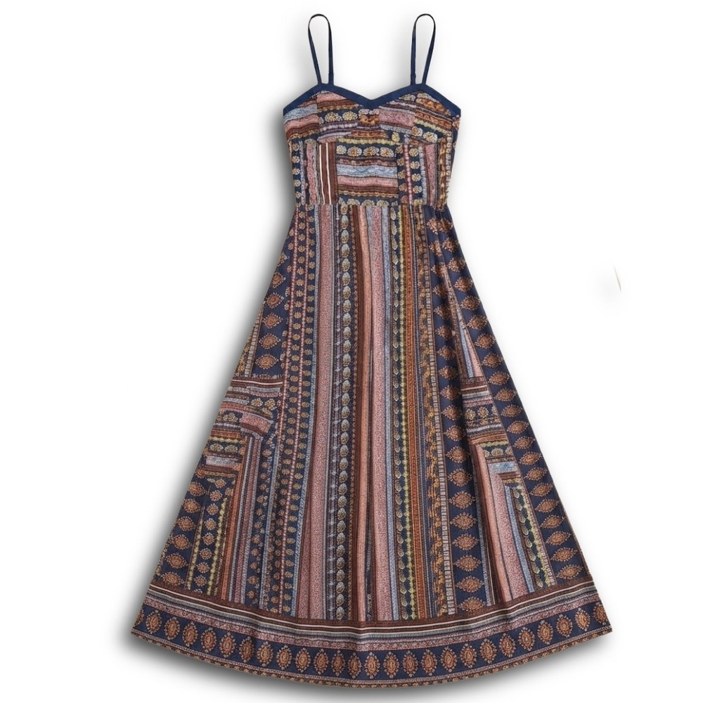 Xhilaration Boho Paisley Striped Maxi Dress Navy Blue Multi XS Sweetheart Neck